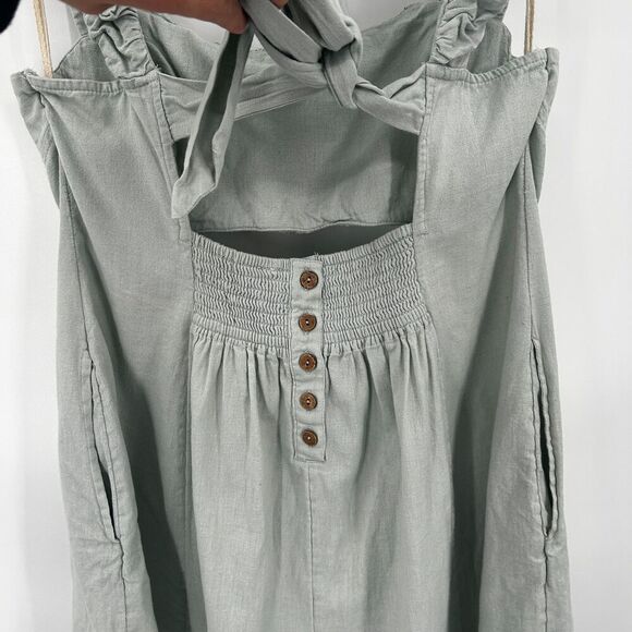 FREE PEOPLE Light Green Bom Bom Island Ruched Linen Cotton Boho Mini Dress Large - Picture 8 of 10